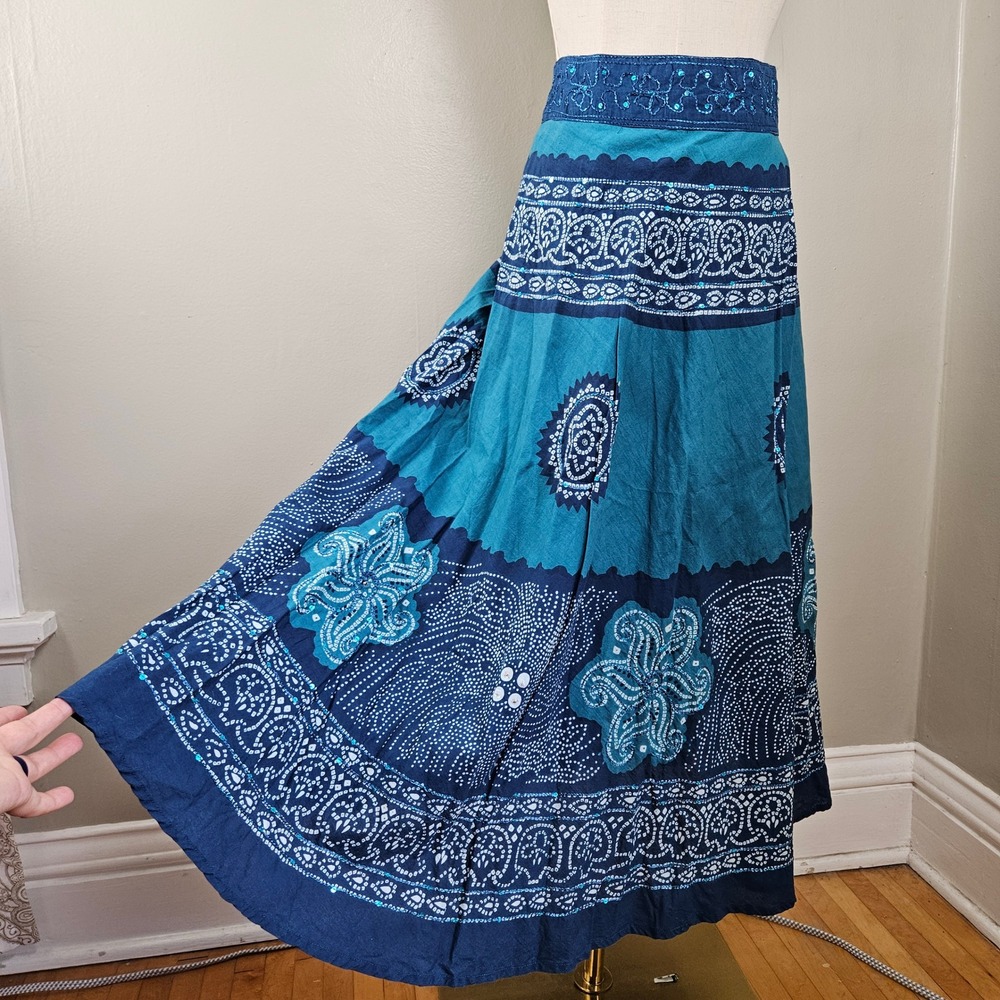 Boho Batik Sequin Maxi Skirt Sz 9 Teal Navy Blue